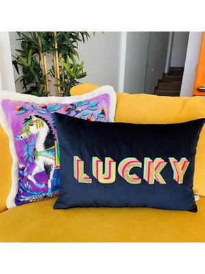 Ge Living Lucky Desenli Lacivert Kadife Dekoratif Kırlent Kılıfı ( 35 cm x 50 cm )