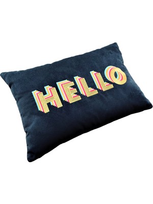 Ge Living Hello Desenli Lacivert Kadife Dekoratif Kırlent Kılıfı ( 35 cm x 50 cm )