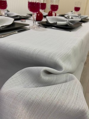 Zeren Home Keten Görünümlü Dertsiz Simli Masa Örtüsü Gri 25 Parça Set