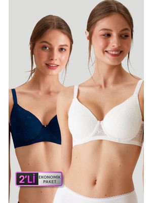 Pierre Cardin 2'li Ekonomik Paket Ekru-Lacivert 6224 Barcelona Balenli Desteksiz Dantelli Toparlayıcı Sütyen Set (C Cup Seçeneğiyle)