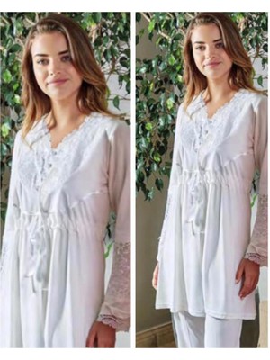 Bone Club 4630 Ecru  Hamile Lohusa 3lü Pijama Sabahlık Takım