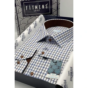 Erkek Klasik Uzun Kol Renkli Kareli Kutulu Gömlek - Beyaz Kahve