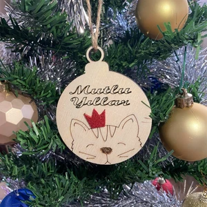 Wodan Design Işıltılı Ahşap Yılbaşı Ağacı Süsü Kedili ve Köpekli Top 2'li Set