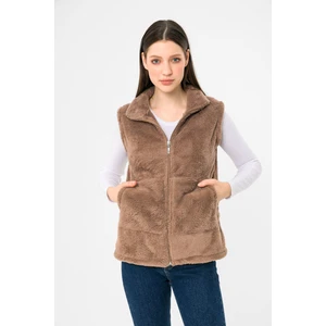 Kadın Vizon Dik Yaka Fermuarlı Peluş Yelek