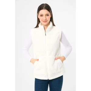 Kadın Ekru Dik Yaka Fermuarlı Peluş Yelek