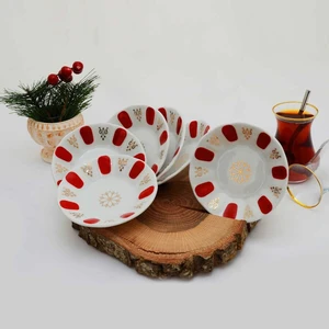 6 Lı Porselen Kırmızı-Beyaz Kahveci Model Çay Tabağı Bardak Altlığı