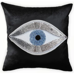 Ge Living Dekoratif Göz Desenli Gümüş Pullu Siyah Kadife Kırlent Kılıfı