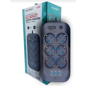 Termal Akım Korumalı, Çocuk Korumalı, 6'lı 2 mt Uzatma Kablosu 6 x Priz, 3 x USB - Ftr-11
