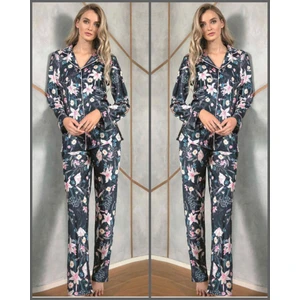 9723 Floral Desenli Saten Önden Düğmeli Pijama Tk