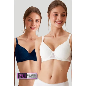 Pierre Cardin 2'li Ekonomik Paket Ekru-Lacivert 6224 Barcelona Balenli Desteksiz Dantelli Toparlayıcı Sütyen Set (C Cup Seçeneğiyle)