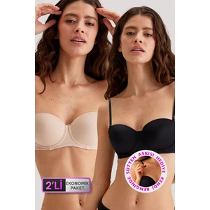 Pierre Cardin 2'li Ekonomik Paket Siyah - Ten 6312 Pisa Push Up Straplez Pamuklu Sütyen Set