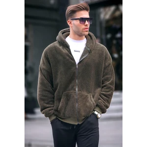 Haki  Peluş Over Fit Kapüşonlu Fermuarlı Erkek Sweatshirt 6049