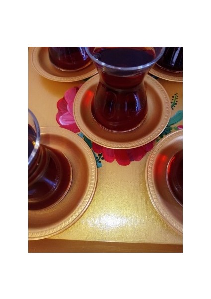 Altın Rengi El Boyaması Çiçek Desenli Kare Çay, Kahve, Söz Nişan Dekoratif Servis Sunum Tepsisi