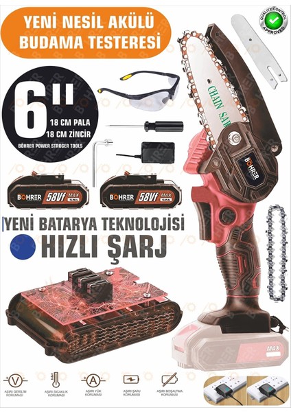 Taşınabilir Red 10 cm 4'' Bahçe Ev Palet Ağaç Dalları Portatif 58VF 5AH Akülü Zinciri Budama Testere