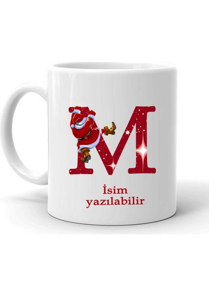 Yeni Yıl Noel Baba Temalı " M " Harf ve Isim Yazılabilir Kişiye Özel Kupa Bardak