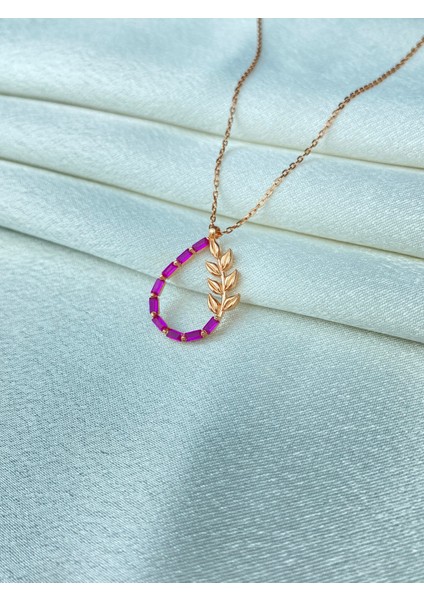 925 Ayar Gümüş Yapraklı Pembe Taşlı Damla Kolye fiyatları