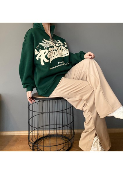 Yakası Fermuarlı Baskılı Sweatshirt Koyu Yeşil