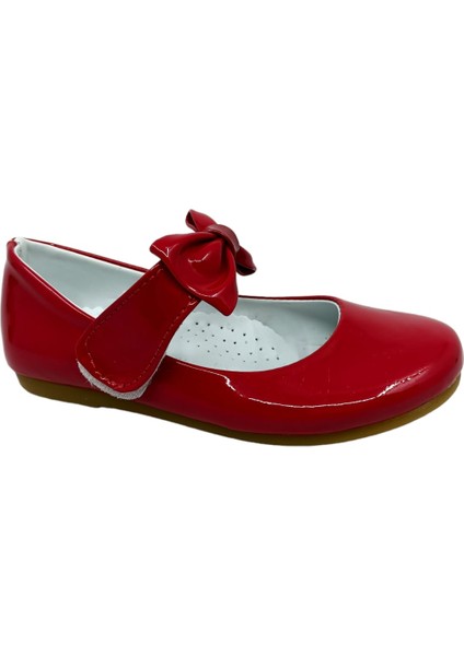 350 Kız Çocuk Kırmızı Rugan Fiyonklu Cırtlı Babet