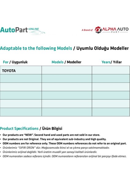 Alpha Auto Part Toyota Için Kontak Şaft Kilit Silindir Mili