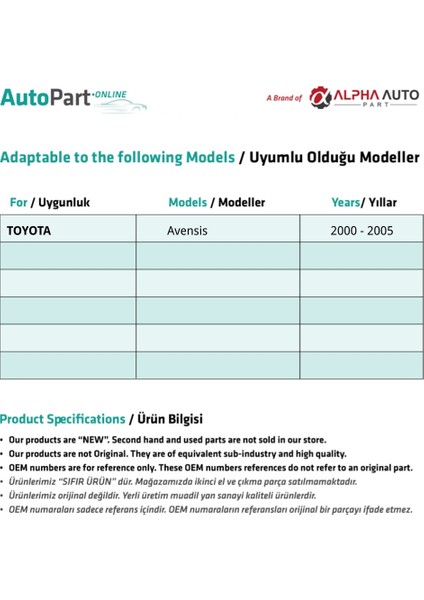 Alpha Auto Part Toyota Avensis Için Kontak Şaft Kilit Mili NO:1032