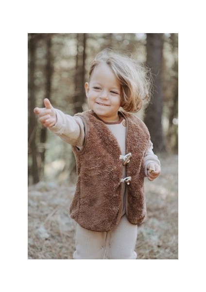 Bebek Çocuk Yelek Kahverengi Unisex Kız Erkek Peluş Içi Dışı Tüylü Wellsoft Teddy Düğmeli Yelek