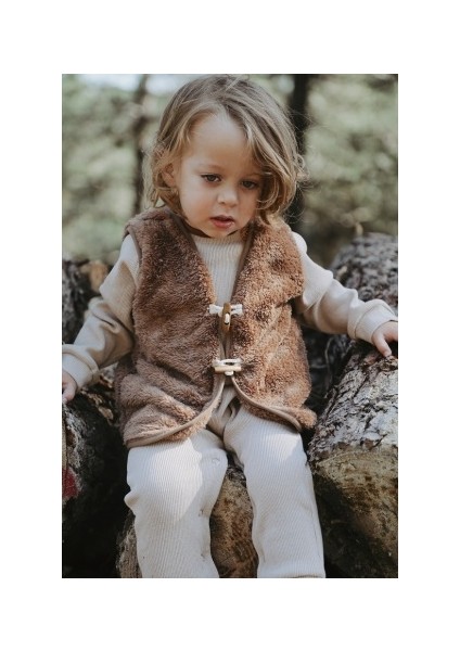 Bebek Çocuk Yelek Kahverengi Unisex Kız Erkek Peluş Içi Dışı Tüylü Wellsoft Teddy Düğmeli Yelek