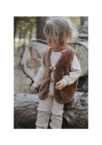 Bebek Çocuk Yelek Kahverengi Unisex Kız Erkek Peluş Içi Dışı Tüylü Wellsoft Teddy Düğmeli Yelek