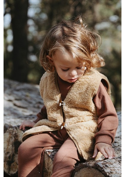 Bebek Çocuk Yelek Bej Unisex Kız Erkek Peluş Içi Dışı Tüylü Wellsoft Teddy Düğmeli Yelek
