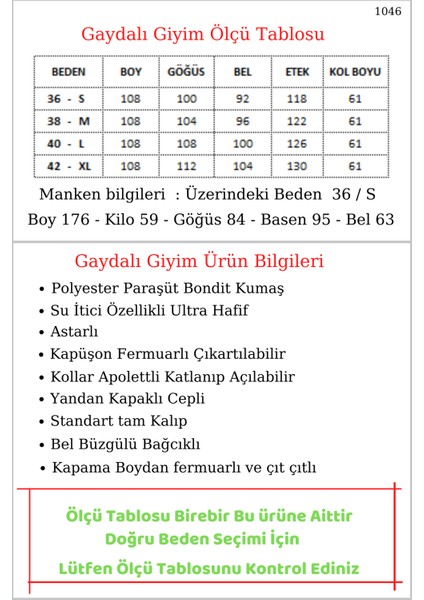 Gaydalı Giyim Kadın Siyah Diz Altı Kapüşonlu Astarlı Fermuarlı Bel Büzgülü Su Geçirmez Uzun Trençkot