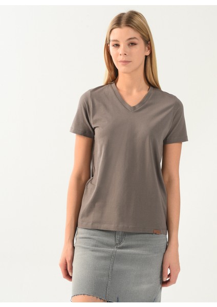 V Yaka Düz Gri Kadın T-Shirt DTKTS04504 Gri modelleri