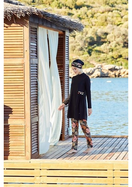 4256 Siyah Lycralı Tasarım Tesettür Mayo