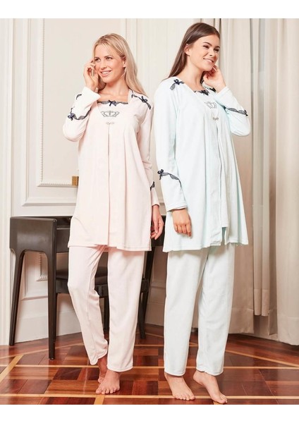 4806 Kadife 3lü Hamile Lohusa Pijama Sabahlık modelleri