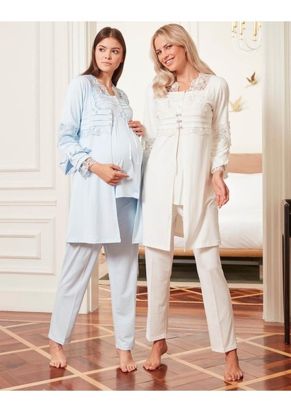4800 Ecru Hamile Lohusa 3 Lü Pijama Sabahlık Tk modelleri