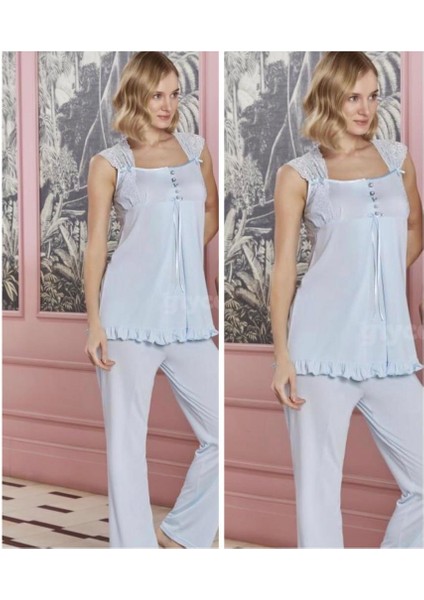 4708 Mavi Yeni Sezon Omuz Dantel Lohusa Pijama Takım modelleri