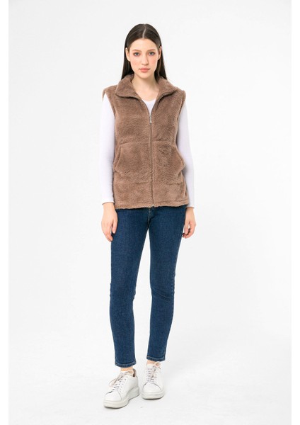 Kadın Vizon Dik Yaka Fermuarlı Peluş Yelek fiyatları