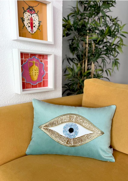 Dekoratif Pullu Göz Desenli Su Yeşili Kadife Kırlent Kılıfı ( 35 cm x 50 cm ) modelleri