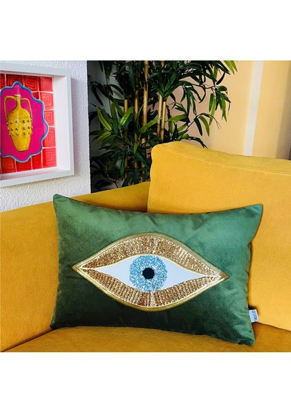 Dekoratif Pullu Göz Desenli Yeşil Kadife Kırlent Kılıfı ( 35 cm x 50 cm ) modelleri