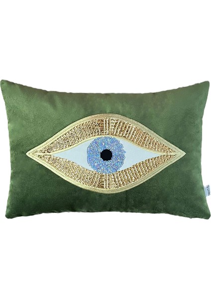 Dekoratif Pullu Göz Desenli Yeşil Kadife Kırlent Kılıfı ( 35 cm x 50 cm ) fırsatları