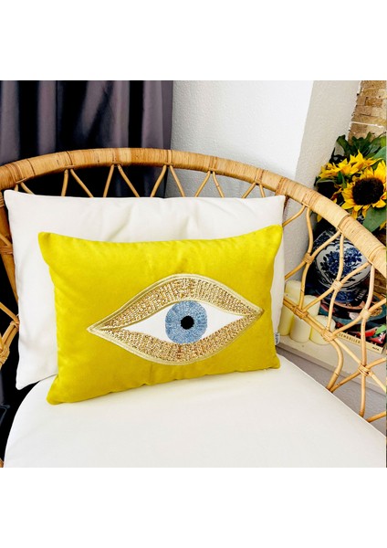 Dekoratif Pullu Göz Desenli Fıstık Yeşili Kadife Kırlent Kılıfı ( 35 cm x 50 cm ) fiyatları