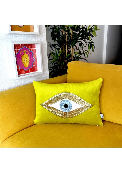 Dekoratif Pullu Göz Desenli Fıstık Yeşili Kadife Kırlent Kılıfı ( 35 cm x 50 cm ) fırsatları