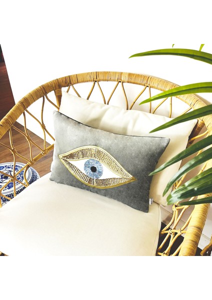 Dekoratif Pullu Göz Desenli Gri Kadife Kırlent Kılıfı ( 35 cm x 50 cm ) fırsatları