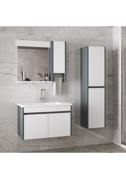 Estella-OA 80 ve 35 cm Mdf Aynalı Boy Dolaplı Lavabolu Banyo Dolabı Takımı Demonte Değil