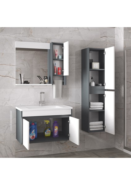Estella-OA 80 ve 35 cm Mdf Aynalı Boy Dolaplı Lavabolu Banyo Dolabı Takımı Demonte Değil fiyatları