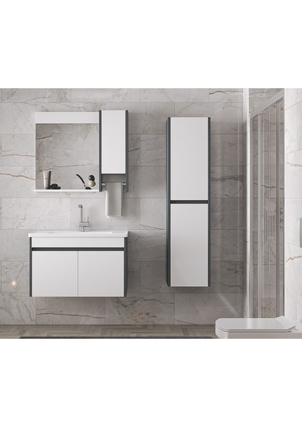 Estella-OA 80 ve 35 cm Mdf Aynalı Boy Dolaplı Lavabolu Banyo Dolabı Takımı Demonte Değil fırsatları