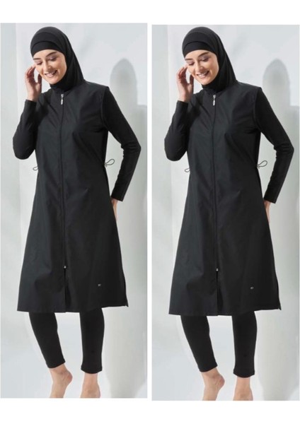 Allsea 3075 Siyah 2 Li Kollar Lycralı Tam Boy Tesettür Mayo