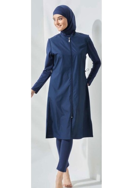 Allsea 3075 Lacivert 2 Li Kollar Lycralı Tam Boy Tesettür Mayo modelleri