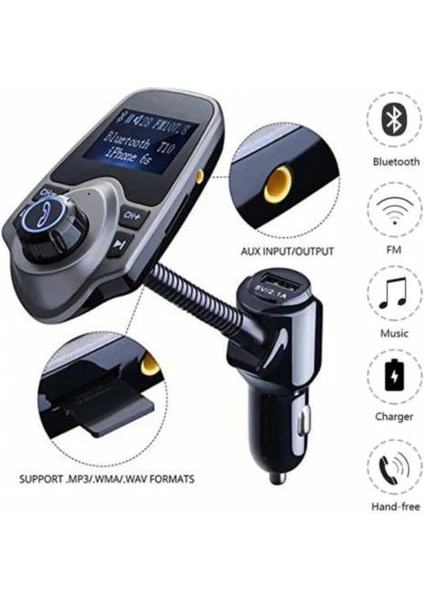 T10 Bluetooth Araç Kiti USB Sd Kart Girişli Transmitter Aux Fm Mp3 Çalar Fonksiyonlu