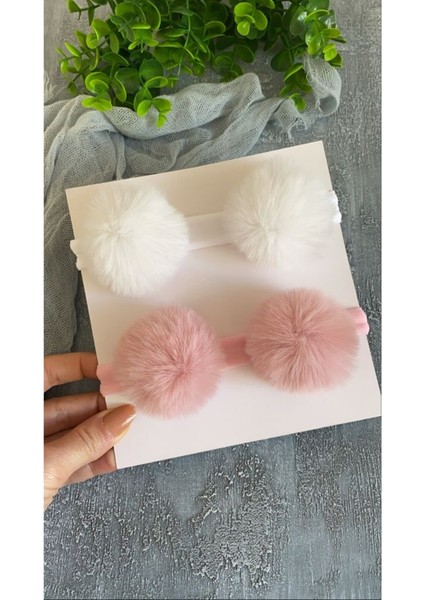 Kız Bebek 2 Li Beyaz-Pudra Ponpon Saç Bandı