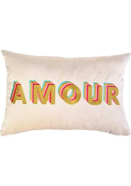 Amour Desenli Krem Kadife Dekoratif Kırlent Kılıfı ( 35 cm x 50 cm )