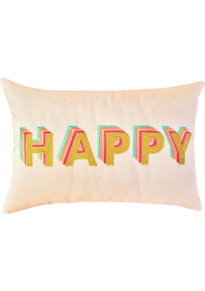 Happy Desenli Krem Kadife Dekoratif Kırlent Kılıfı ( 35 cm x 50 cm )